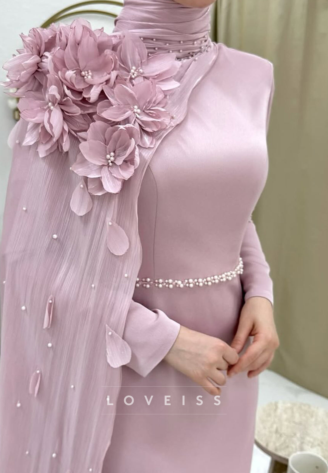 High Neck Long Sleeves Floral Sheath Mother of Bride Dress