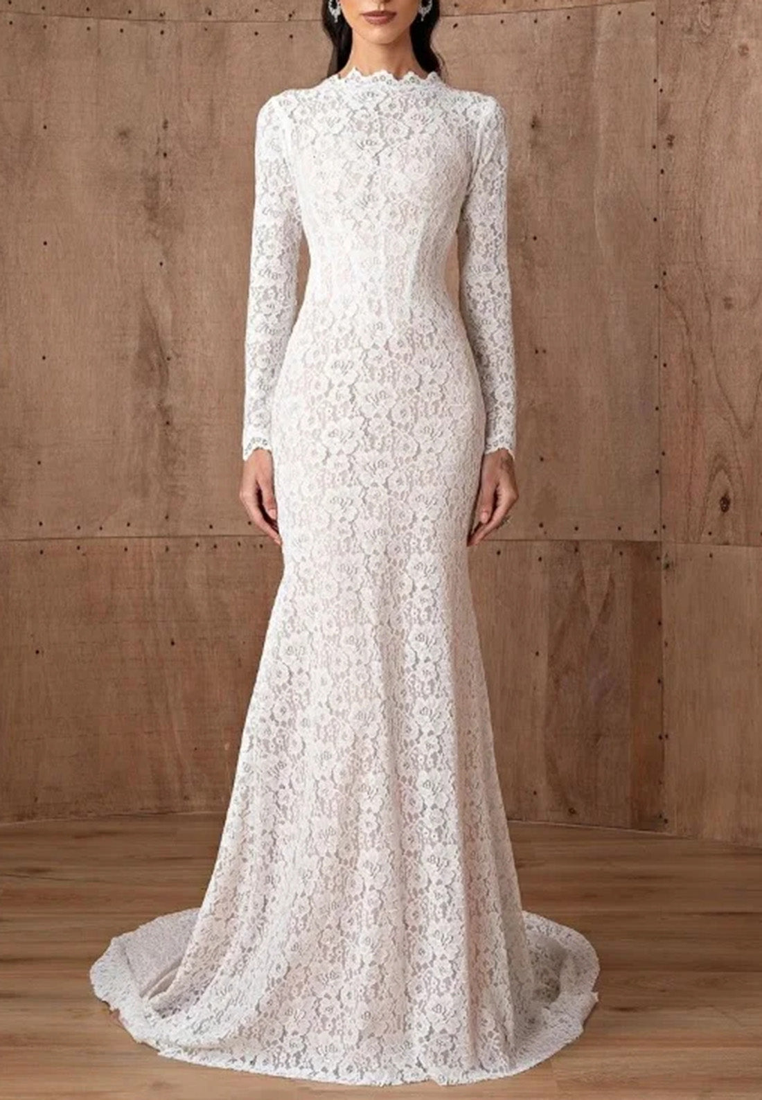 High Neck Long Sleeves Full Appliques Mermaid Wedding Dress