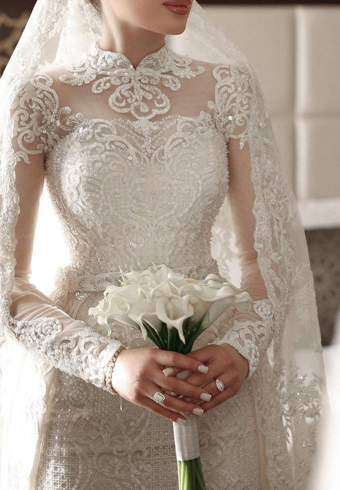 High Neck Long Sleeves Full Lace Appliques Mermaid Wedding Dress