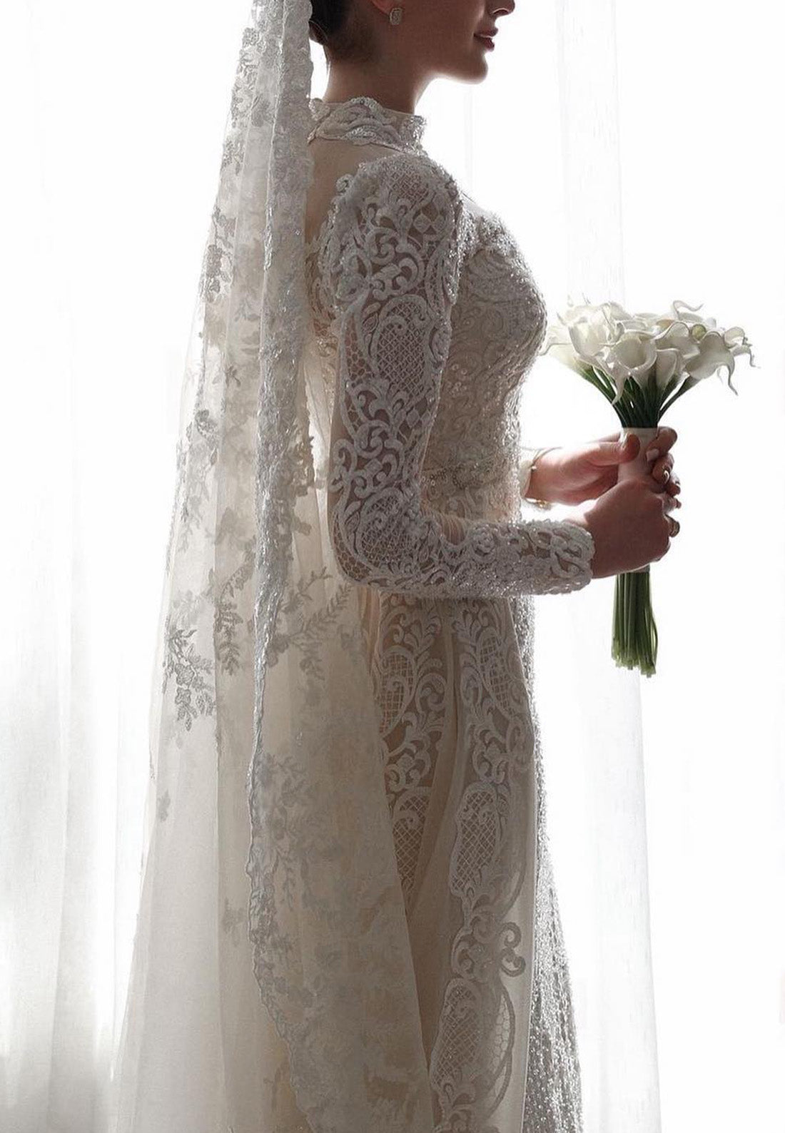 High Neck Long Sleeves Full Lace Appliques Mermaid Wedding Dress