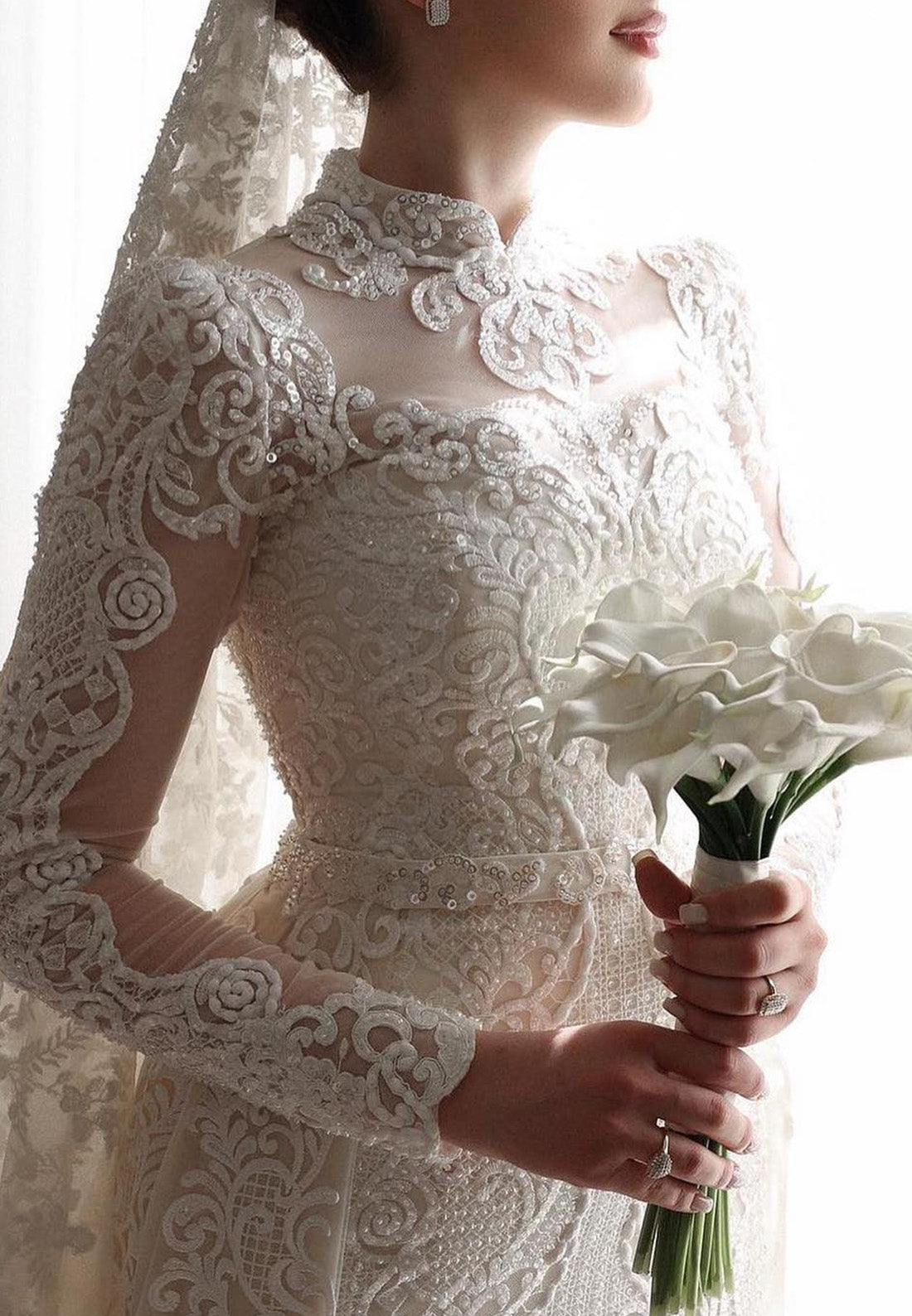High Neck Long Sleeves Full Lace Appliques Mermaid Wedding Dress