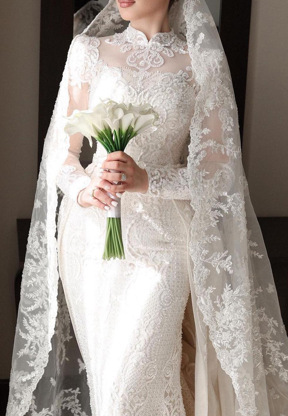 High Neck Long Sleeves Full Lace Appliques Mermaid Wedding Dress