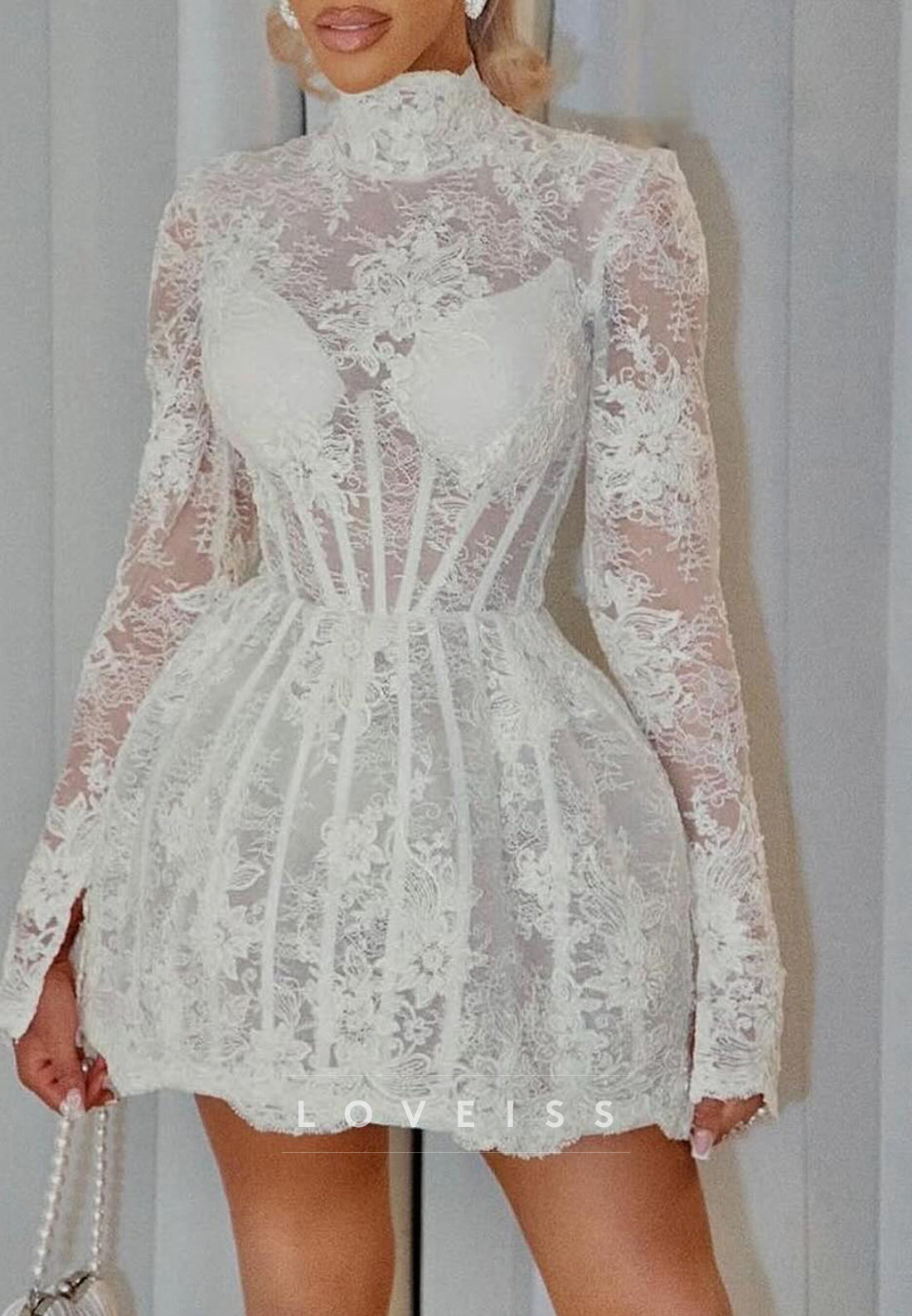 High Neck Long Sleeves Lace Appliques A-Line Short Wedding Dress