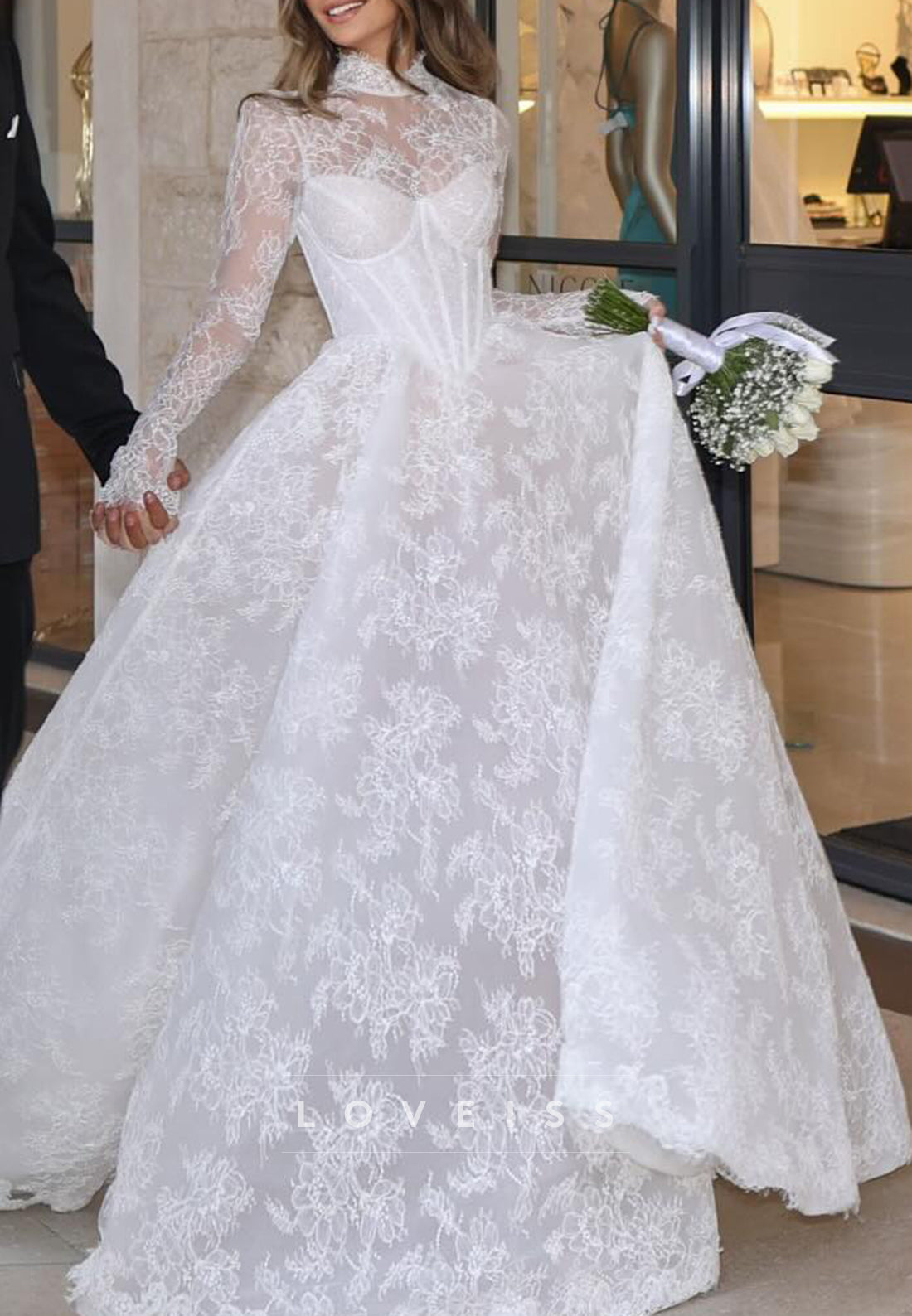 High Neck Long Sleeves Lace Appliques A-Line Wedding Dress