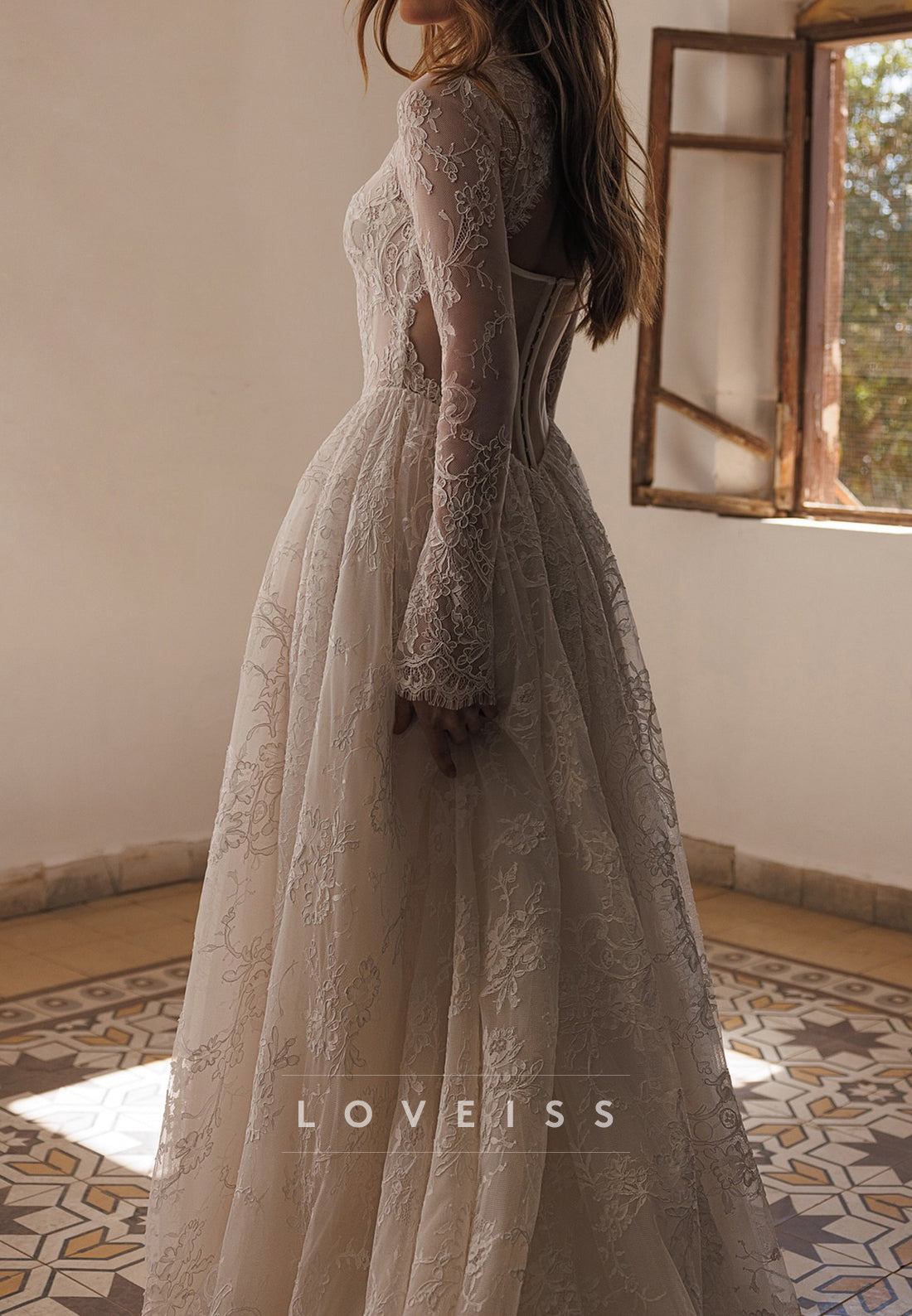 High Neck Long Sleeves Lace Appliques A-Line Wedding Dress
