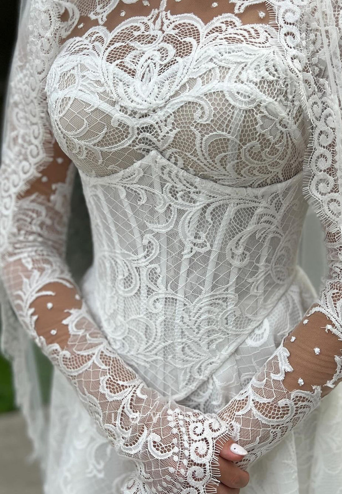 High Neck Long Sleeves Lace Appliques A-Line Wedding Dress