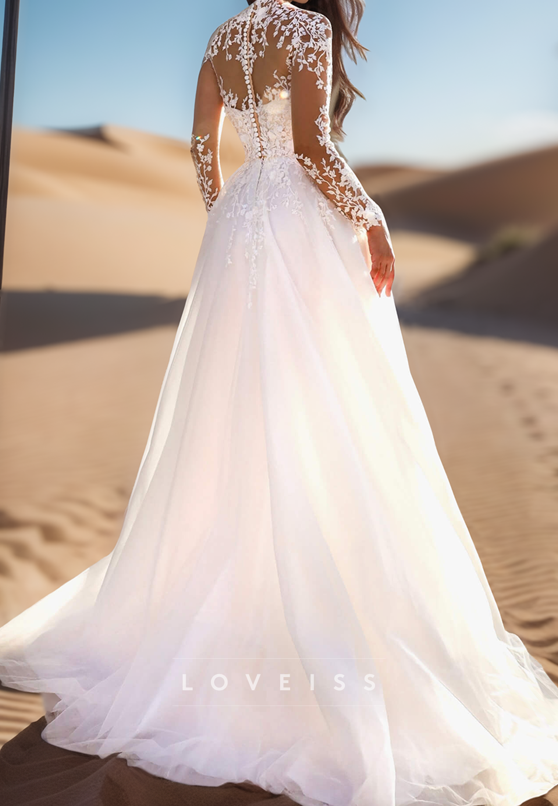 High Neck Long Sleeves Lace Appliques A-Line Wedding Dress