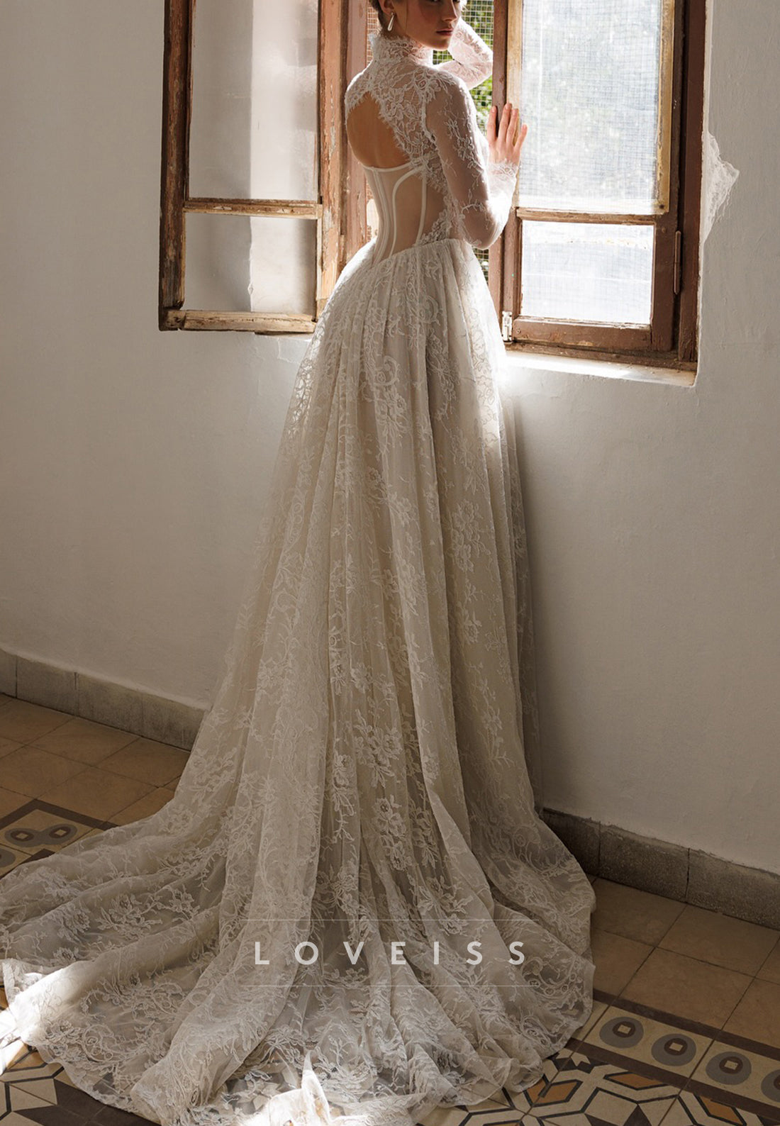 High Neck Long Sleeves Lace Appliques A-Line Wedding Dress