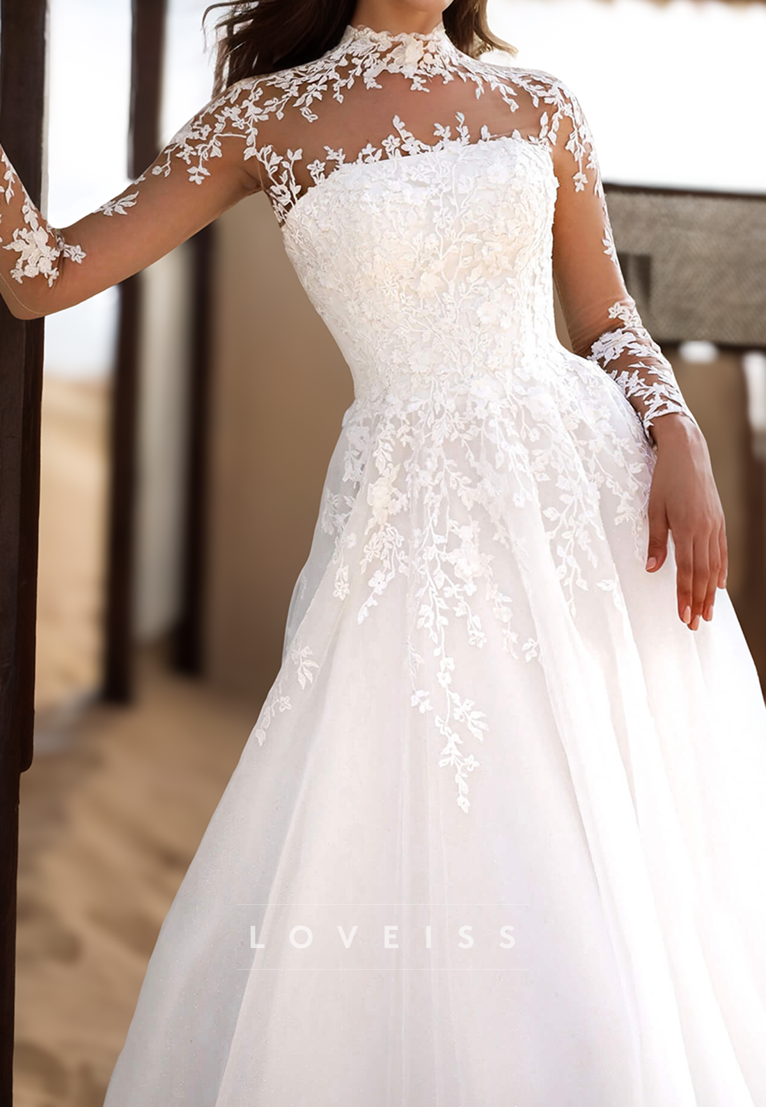 High Neck Long Sleeves Lace Appliques A-Line Wedding Dress