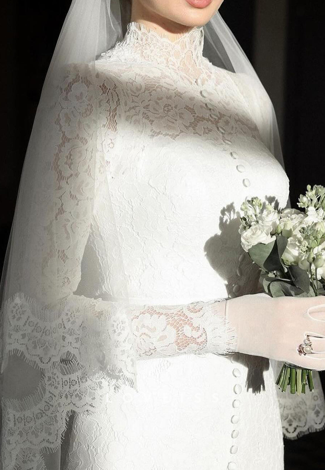 High Neck Long Sleeves Lace Appliques A-Line Wedding Dress