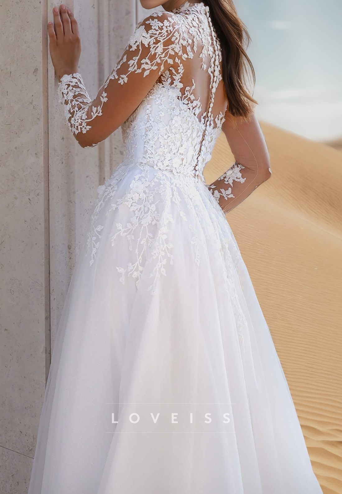 High Neck Long Sleeves Lace Appliques A-Line Wedding Dress