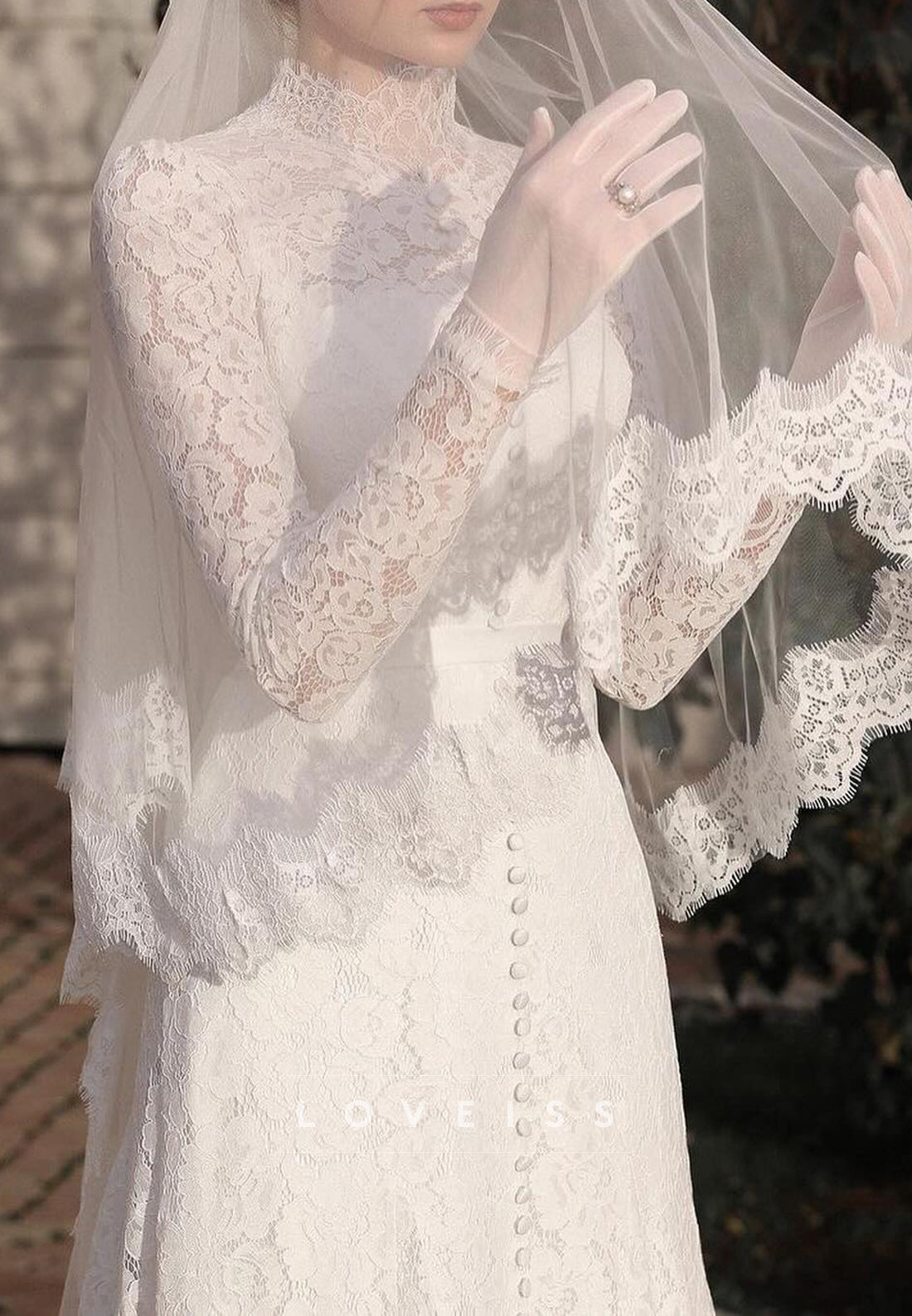 High Neck Long Sleeves Lace Appliques A-Line Wedding Dress