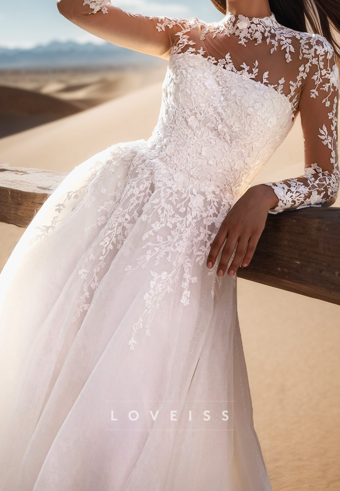 High Neck Long Sleeves Lace Appliques A-Line Wedding Dress