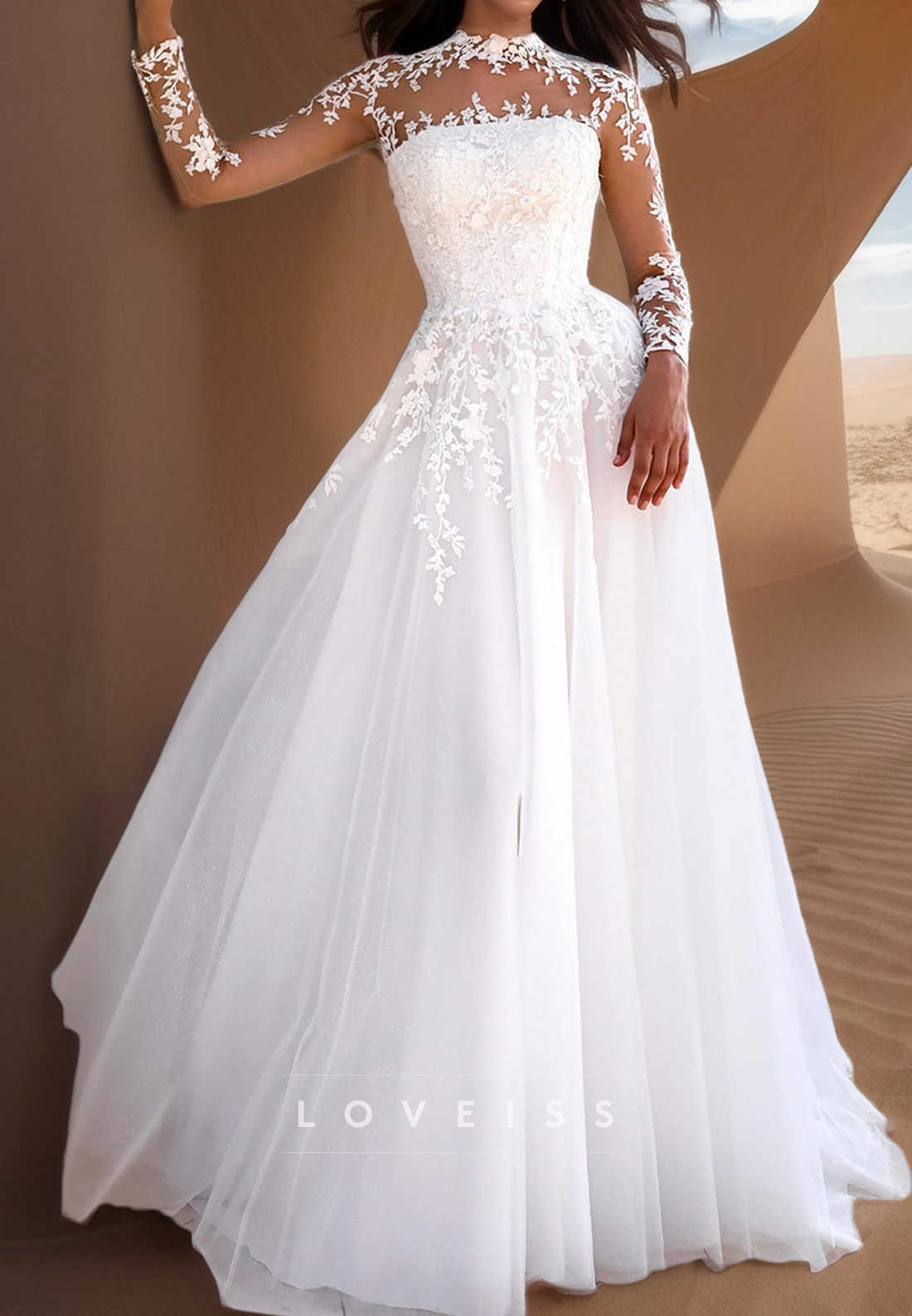 High Neck Long Sleeves Lace Appliques A-Line Wedding Dress