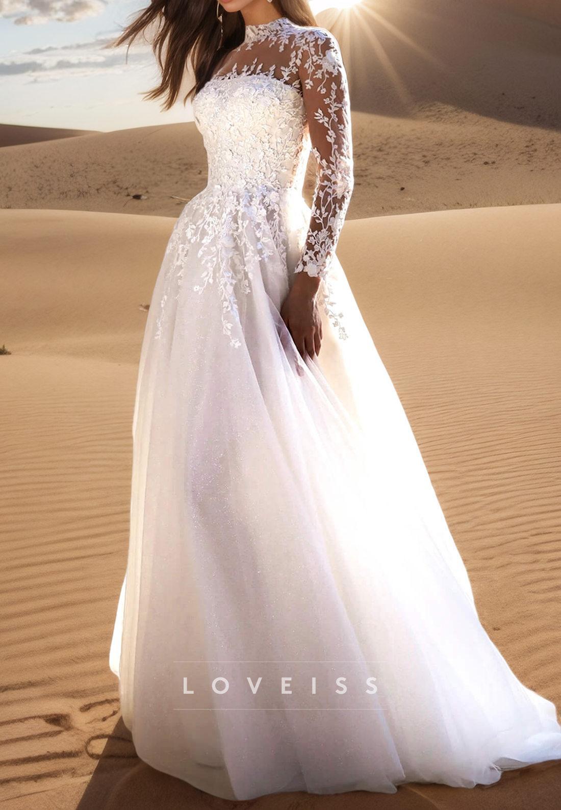 High Neck Long Sleeves Lace Appliques A-Line Wedding Dress