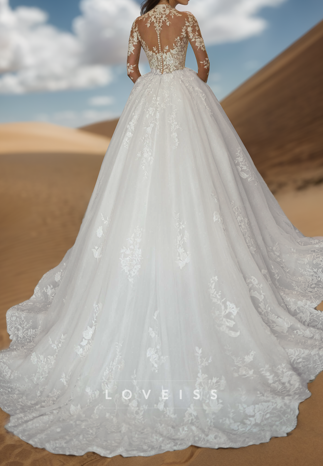 High Neck Long Sleeves Lace Appliques Ball Gown Wedding Dress