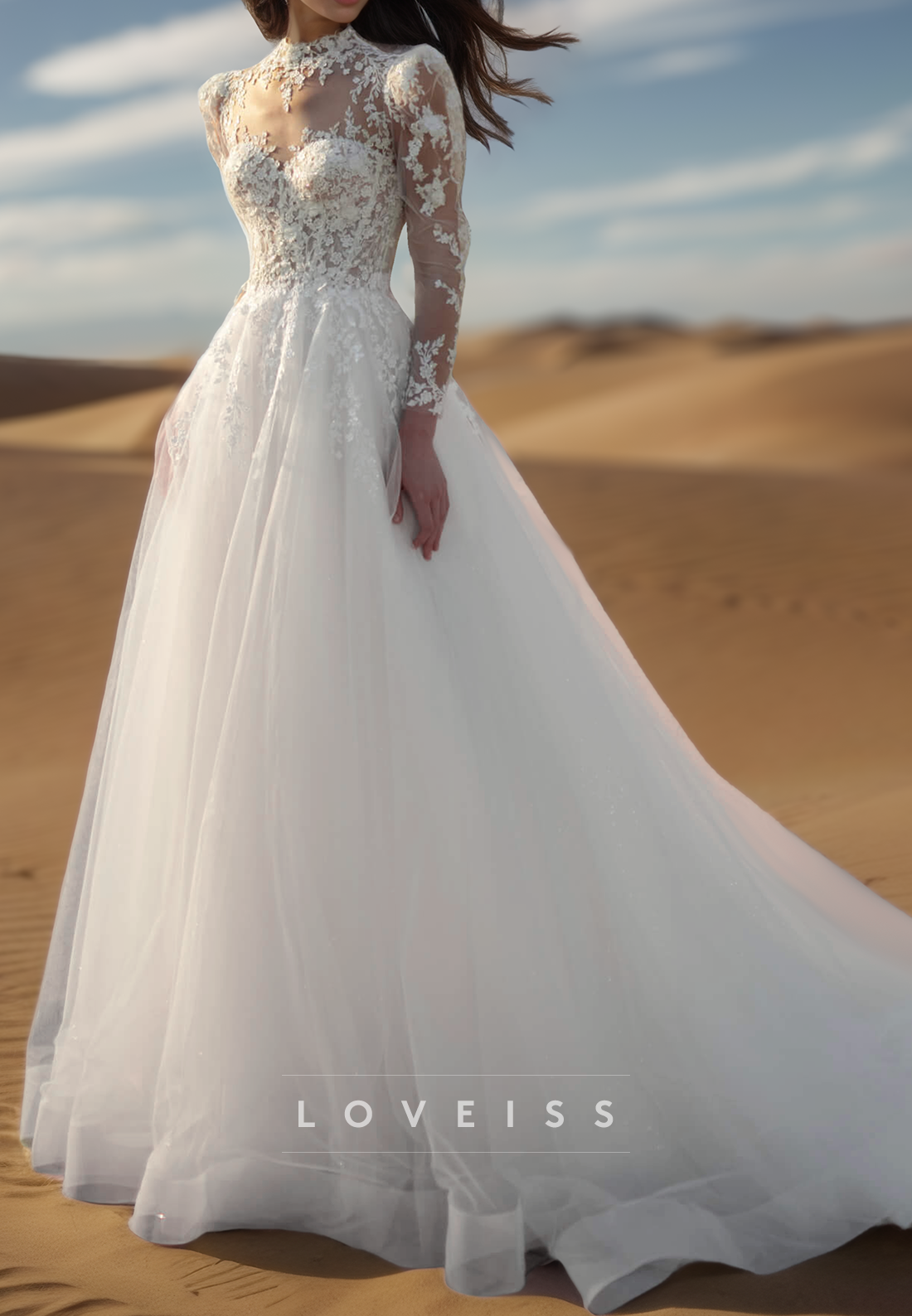 High Neck Long Sleeves Lace Appliques Ball Gown Weding Dress