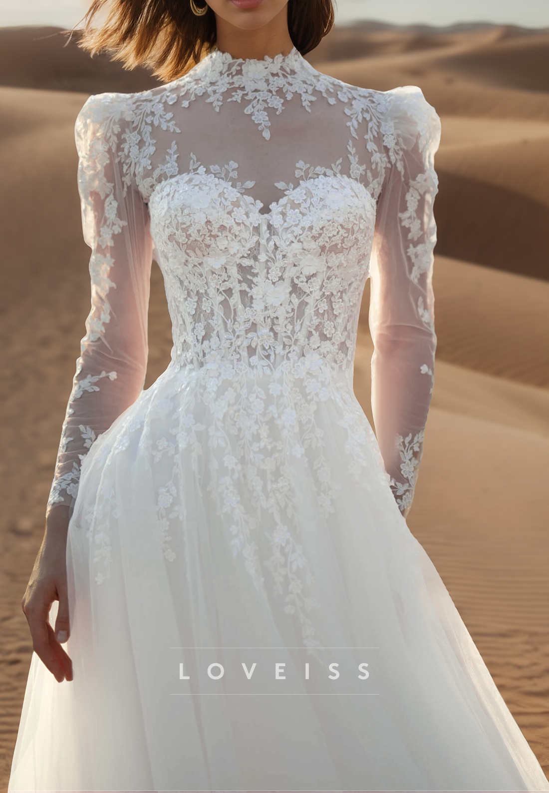 High Neck Long Sleeves Lace Appliques Ball Gown Weding Dress