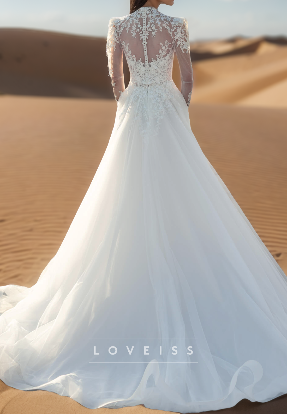 High Neck Long Sleeves Lace Appliques Ball Gown Weding Dress