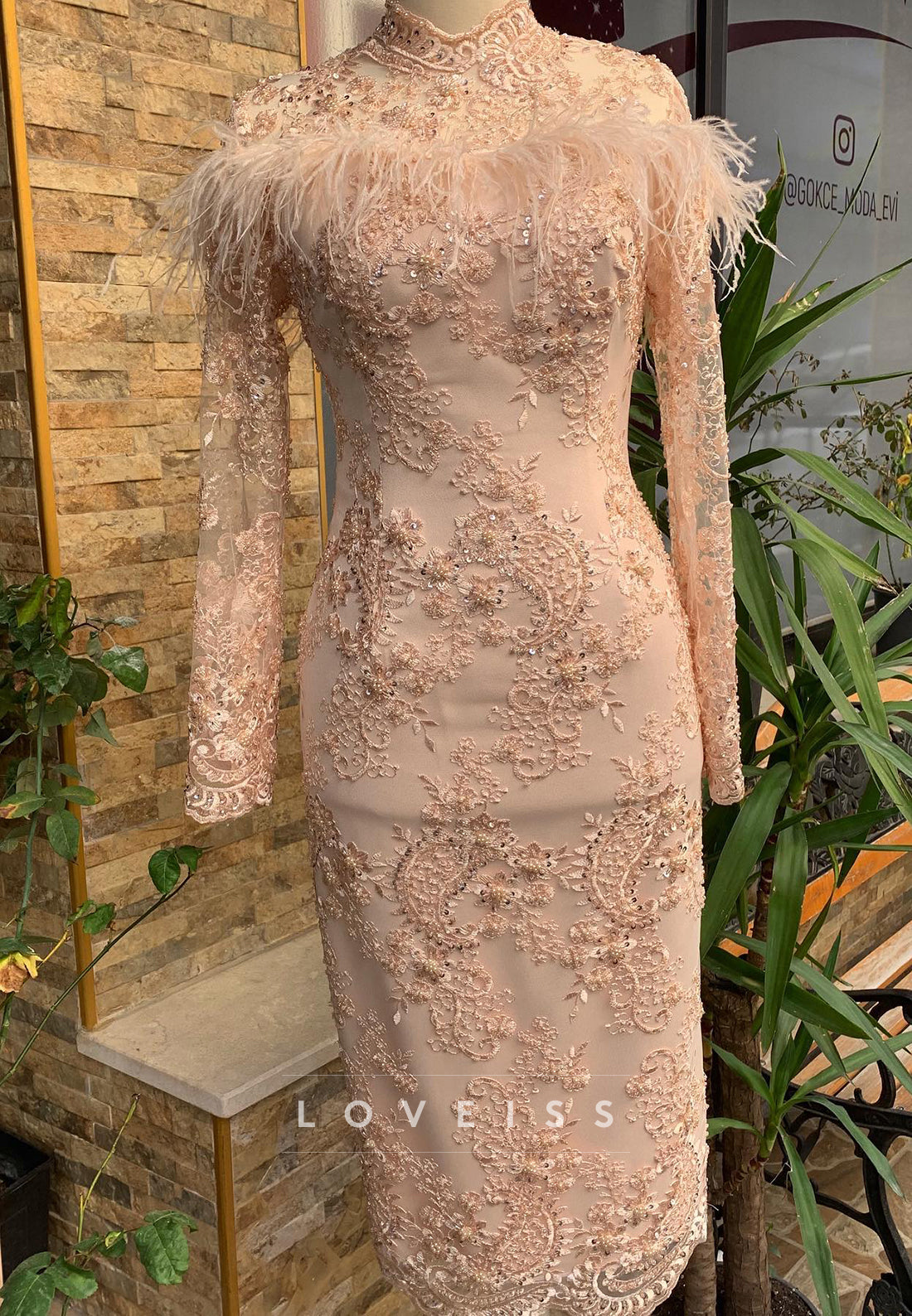 High Neck Long Sleeves Lace Appliques Feathered Sheath Mother of Bride Dress