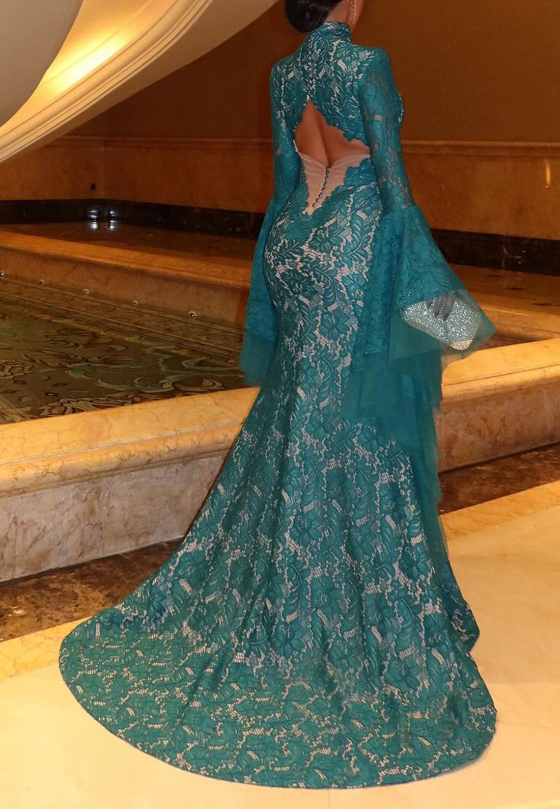High Neck Long Sleeves Lace Appliques Mermaid Evening Dress