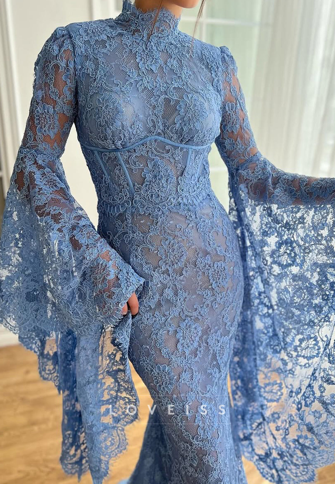 High Neck Long Sleeves Lace Appliques Mermaid Evening Dress