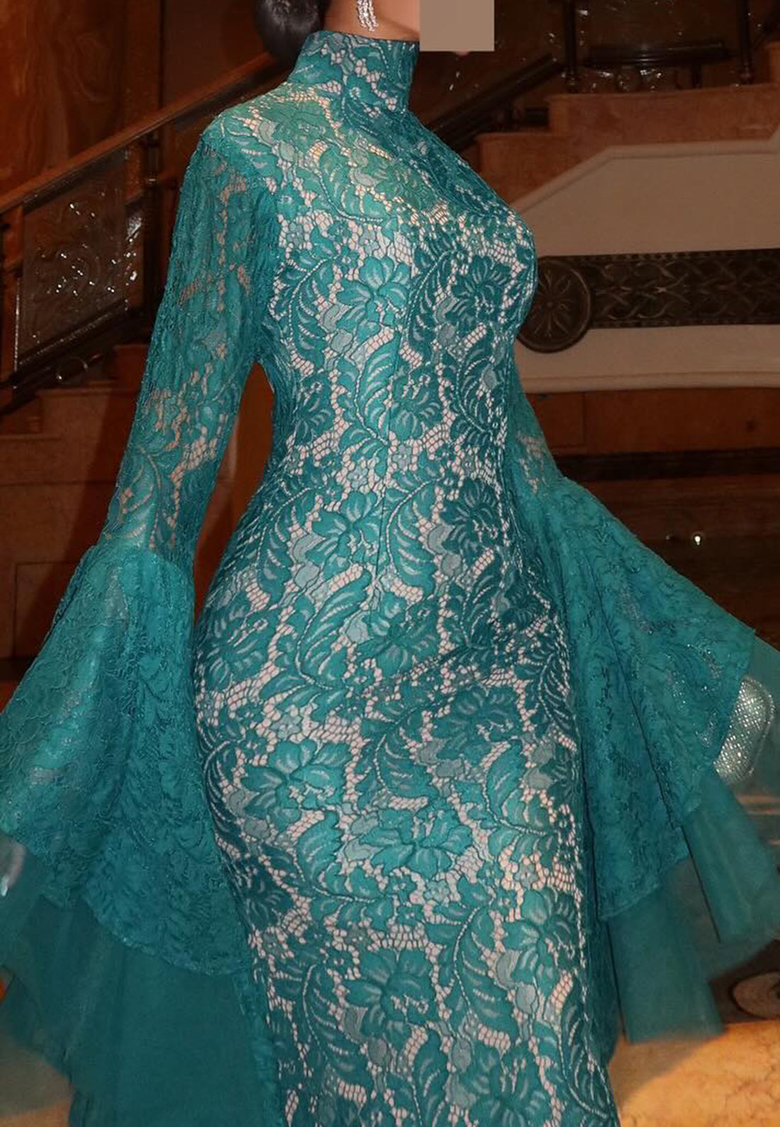 High Neck Long Sleeves Lace Appliques Mermaid Evening Dress