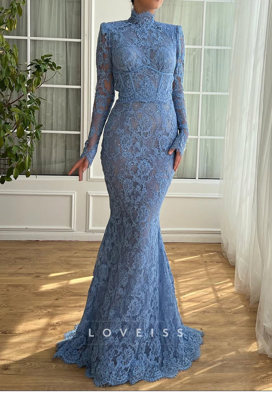 High Neck Long Sleeves Lace Appliques Mermaid Evening Dress
