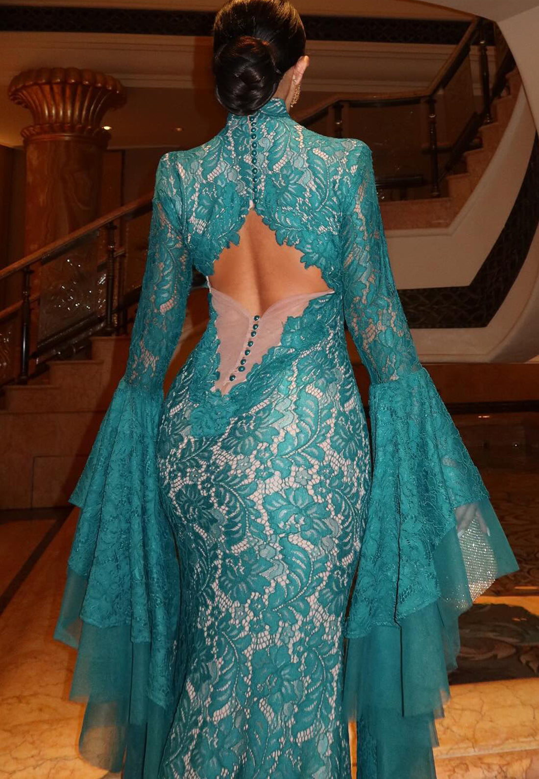 High Neck Long Sleeves Lace Appliques Mermaid Evening Dress