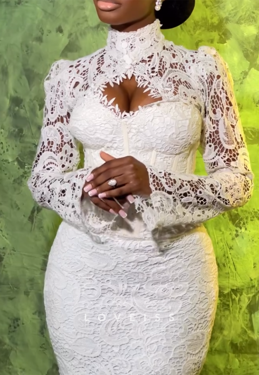 High Neck Long Sleeves Lace Appliques Mermaid Wedding Dress