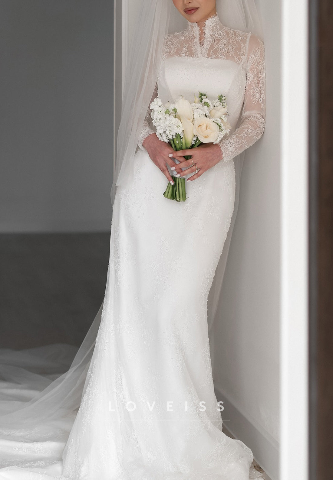 High Neck Long Sleeves Lace Appliques Mermaid Wedding Dress