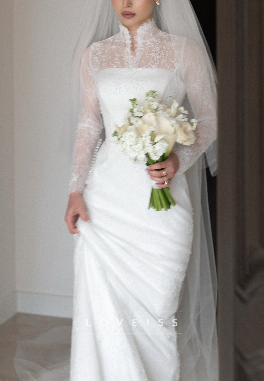 High Neck Long Sleeves Lace Appliques Mermaid Wedding Dress