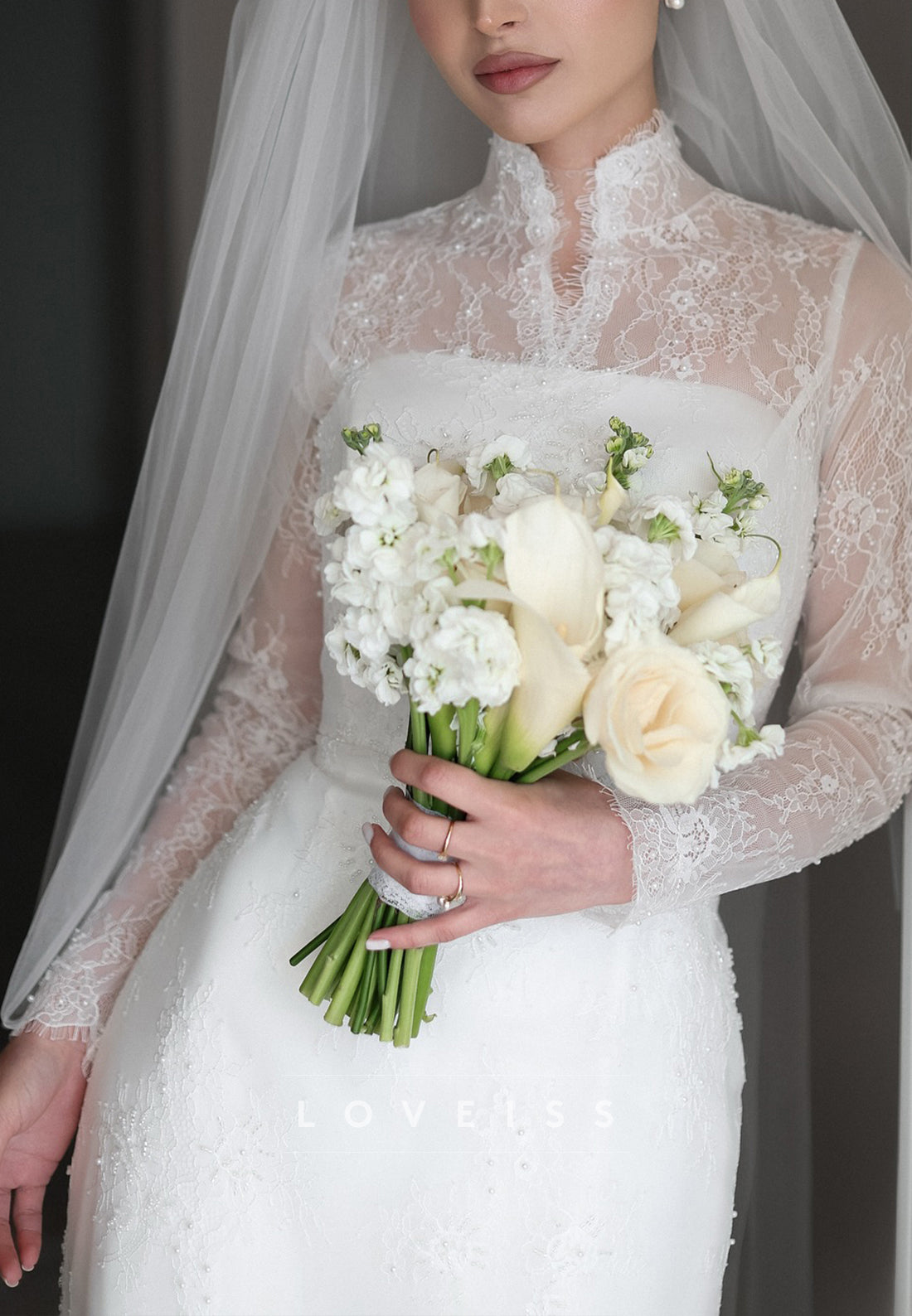High Neck Long Sleeves Lace Appliques Mermaid Wedding Dress
