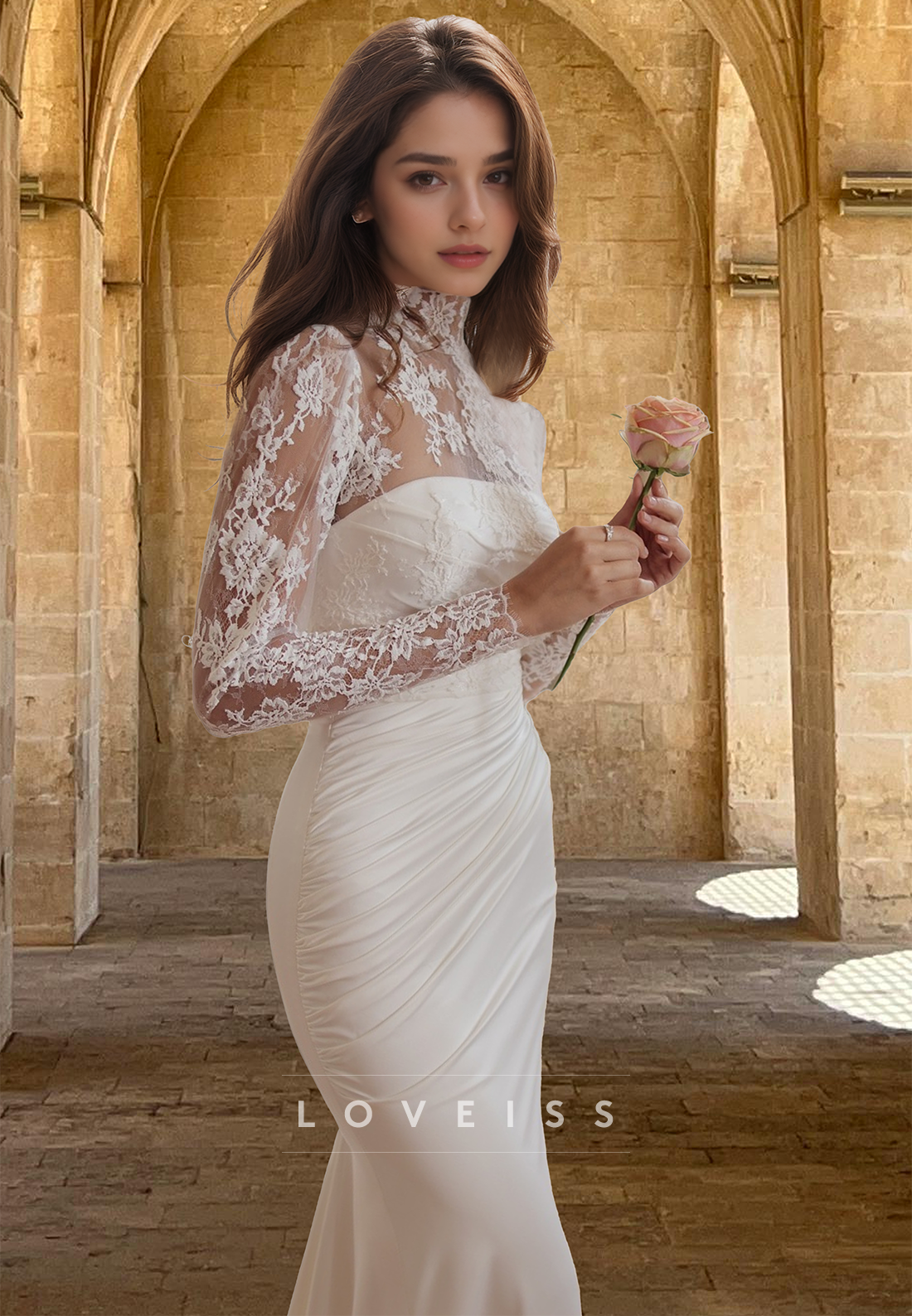 High Neck Long Sleeves Lace Appliques Pleated Mermaid Wedding Dress