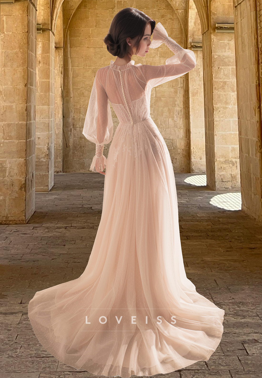 High Neck Long Sleeves Lace Appliques Tulle A-Line Boho Wedding Dress