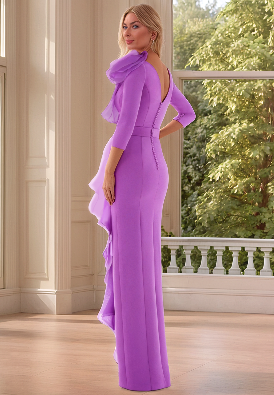 High Neck Long Sleeves Mesh Ruffled Mermaid Mother of Bride Dress