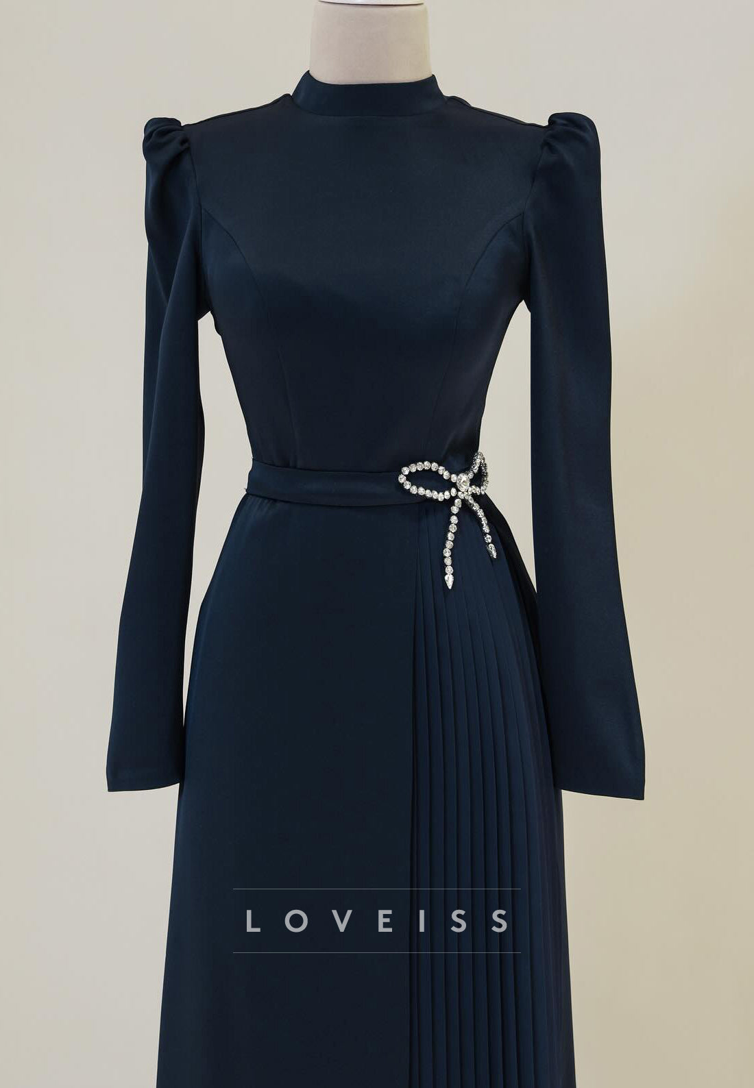 High Neck Long Sleeves Pleated A-Line Mother of Bride Dress