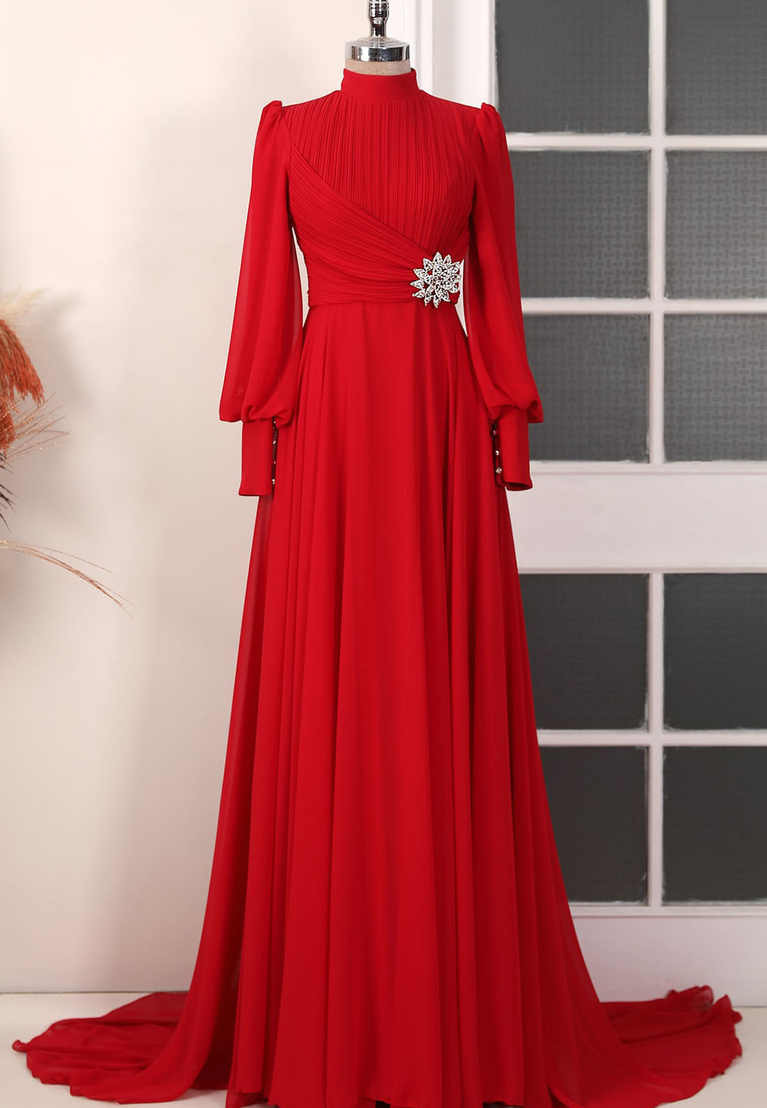High Neck Long Sleeves Pleated Appliques Empire Waist A-Line Mother of Bride Dress