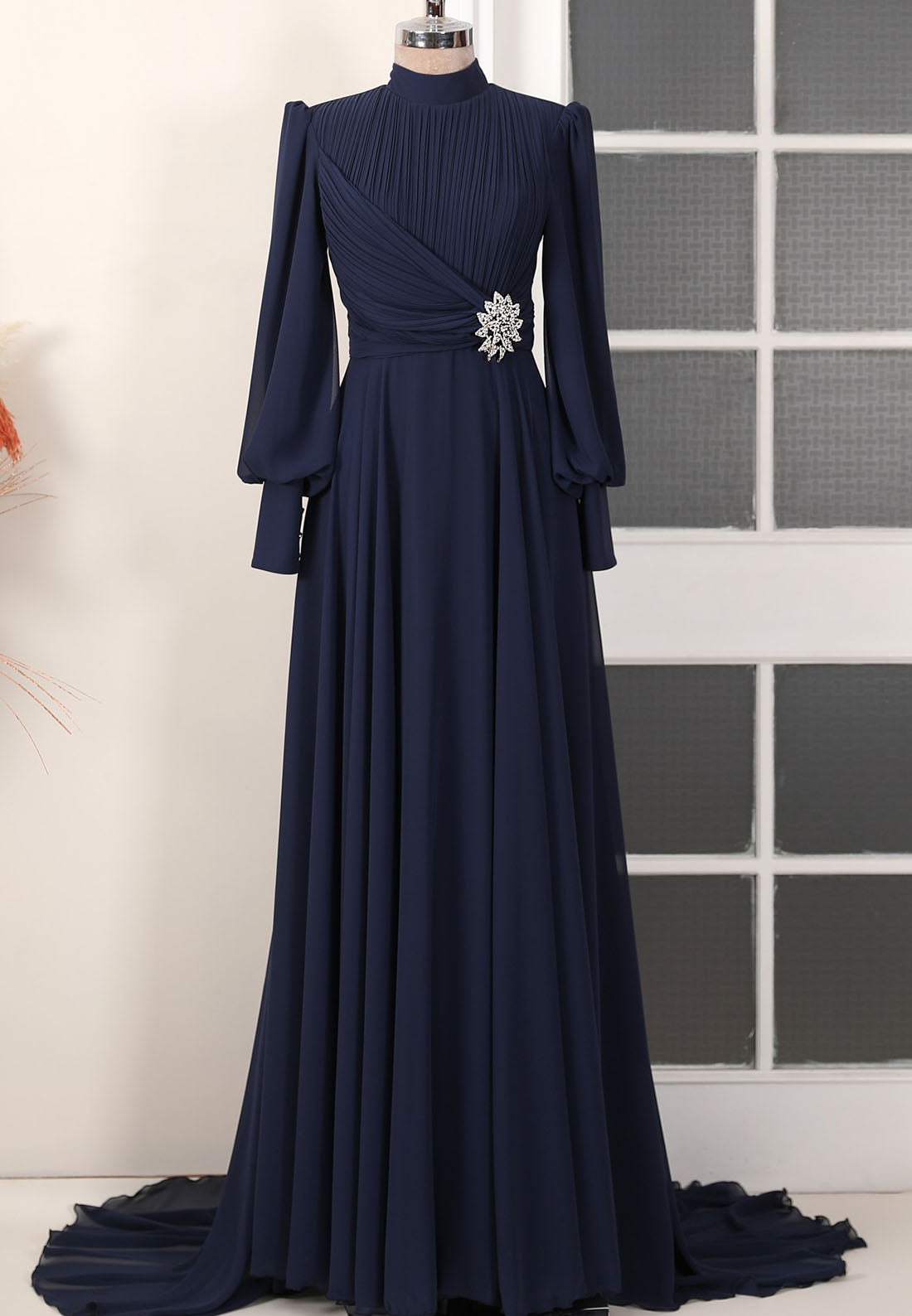 High Neck Long Sleeves Pleated Appliques Empire Waist A-Line Mother of Bride Dress