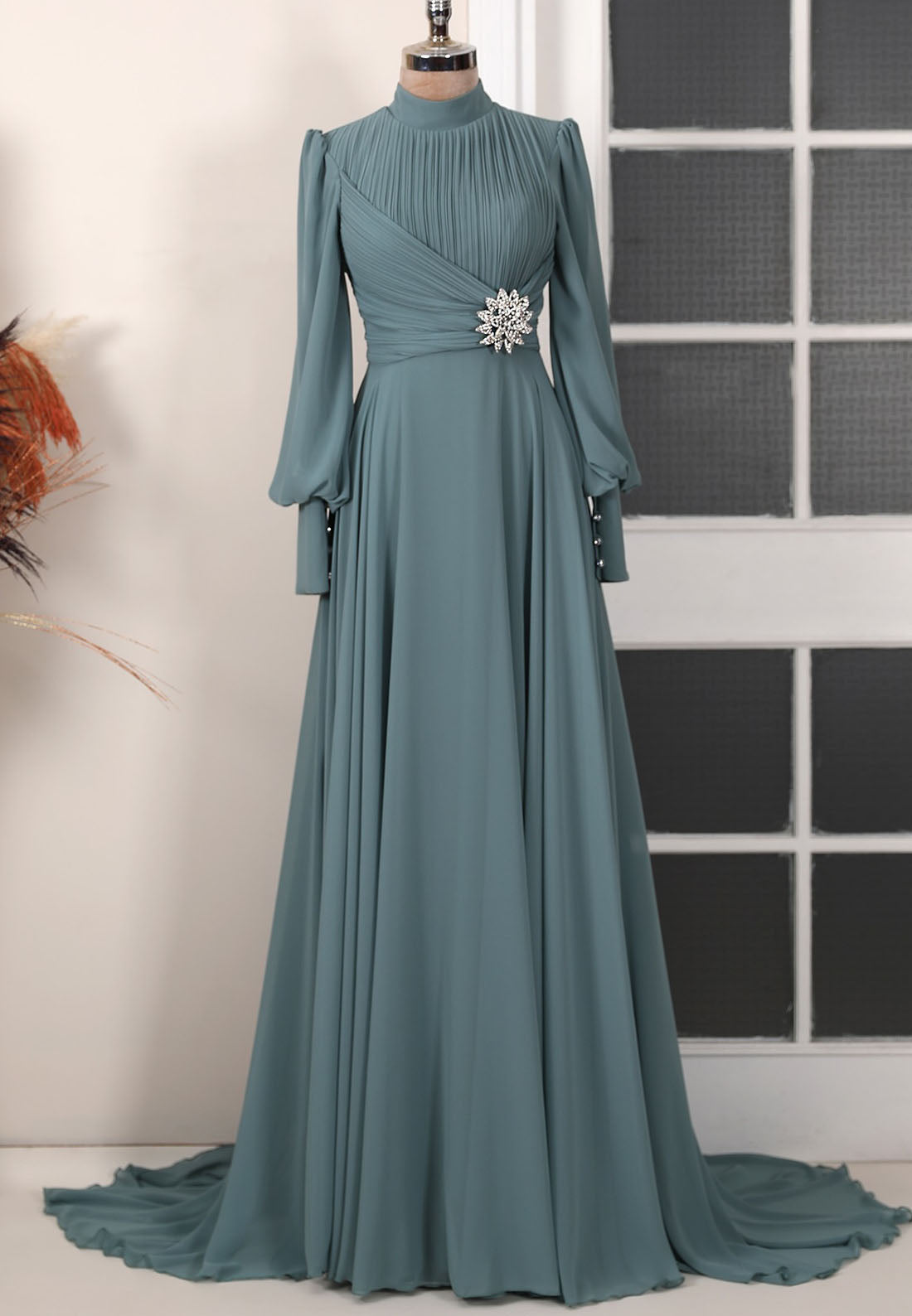 High Neck Long Sleeves Pleated Appliques Empire Waist A-Line Mother of Bride Dress