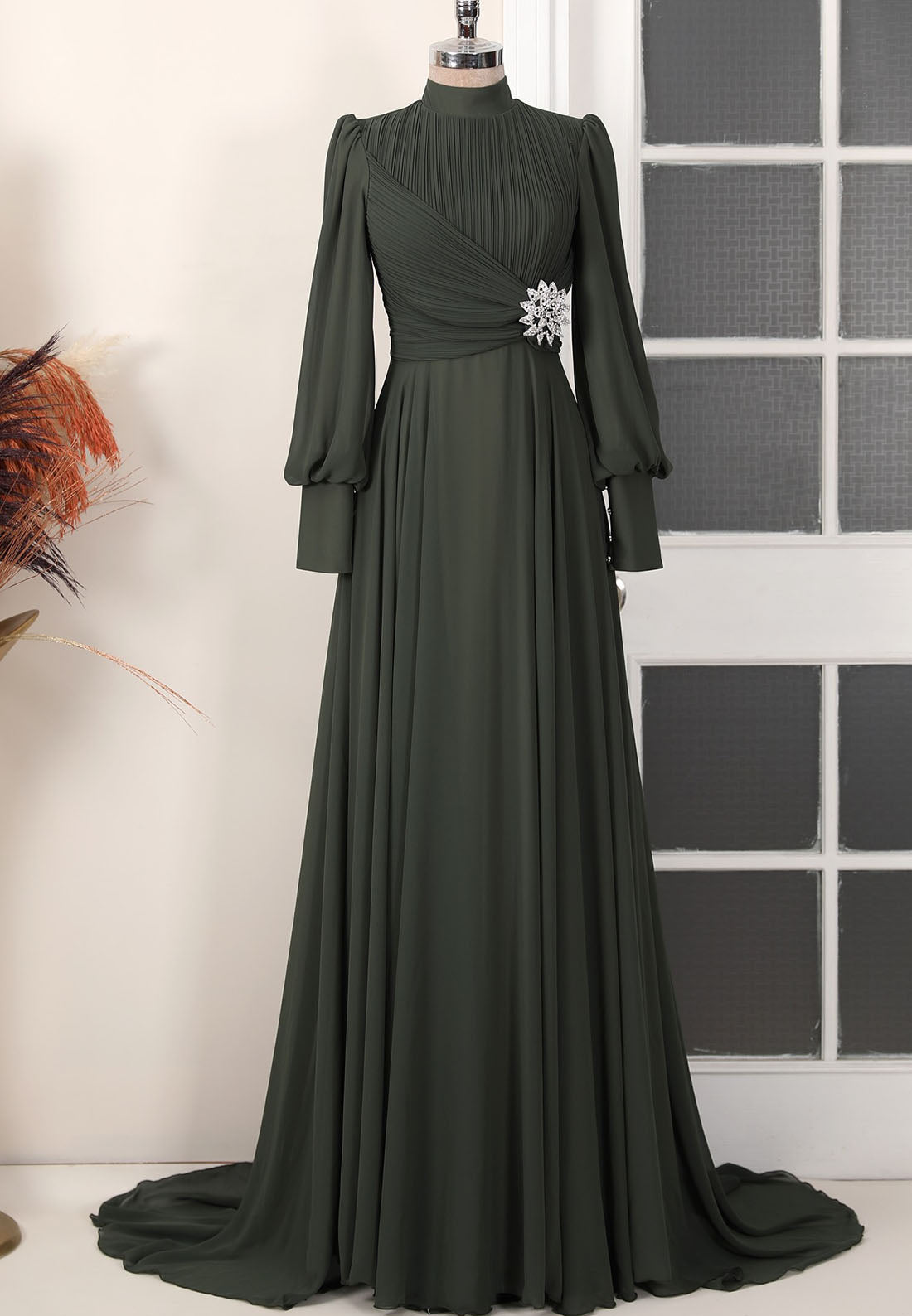 High Neck Long Sleeves Pleated Appliques Empire Waist A-Line Mother of Bride Dress