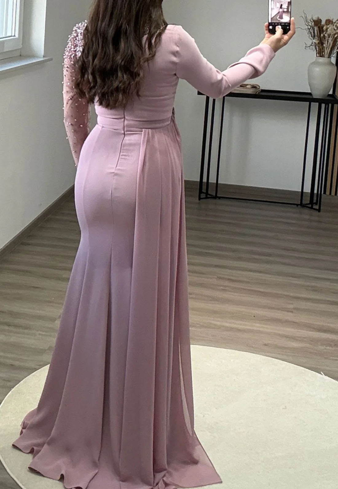 High Neck Long Sleeves Pleated Beaded Mermaid Formal Dress