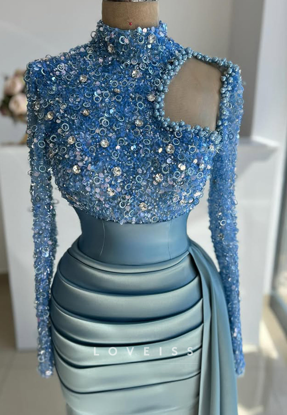 High Neck Long Sleeves Pleated Sequins Mermaid Prom Dress