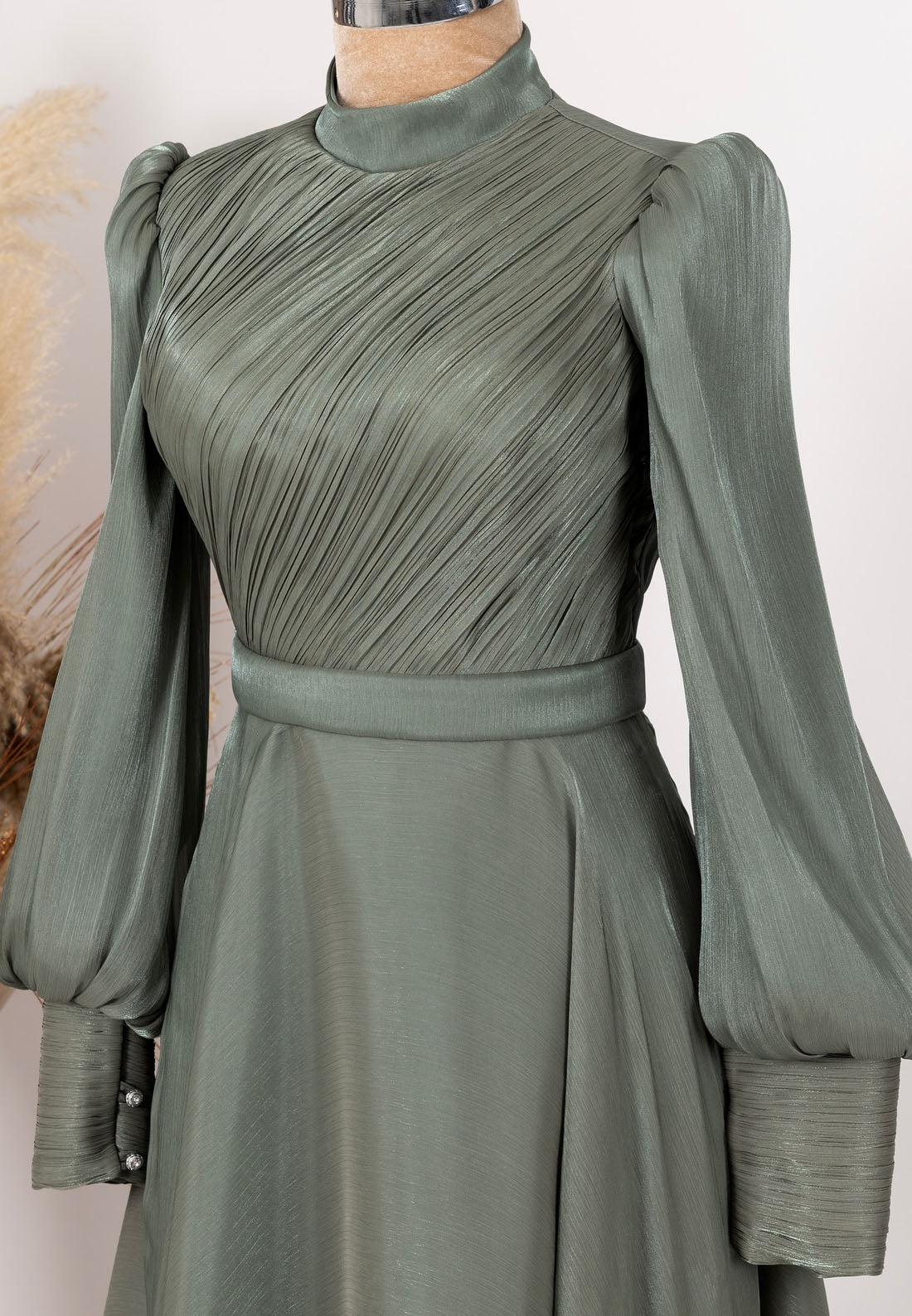 High Neck Long Sleeves Pleated Sleek A-Line Mother of Bride Dress