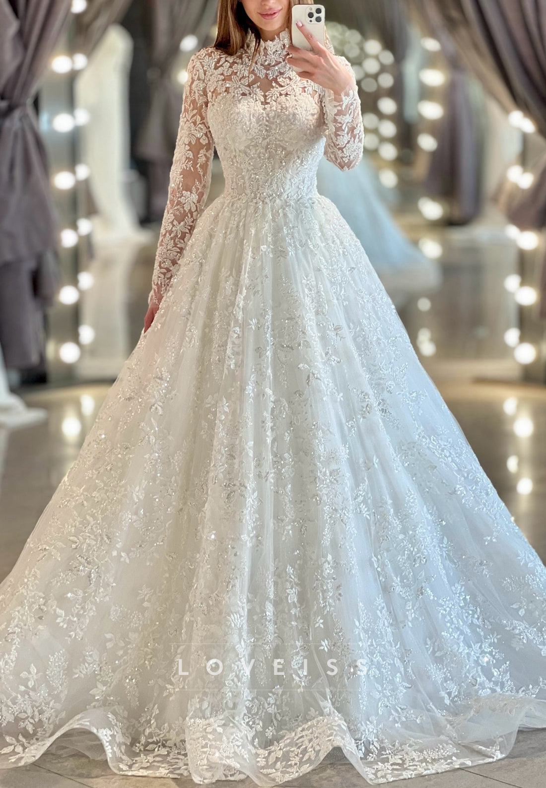 High Neck Long Sleeves Sequins Appliques A-Line Wedding Dress