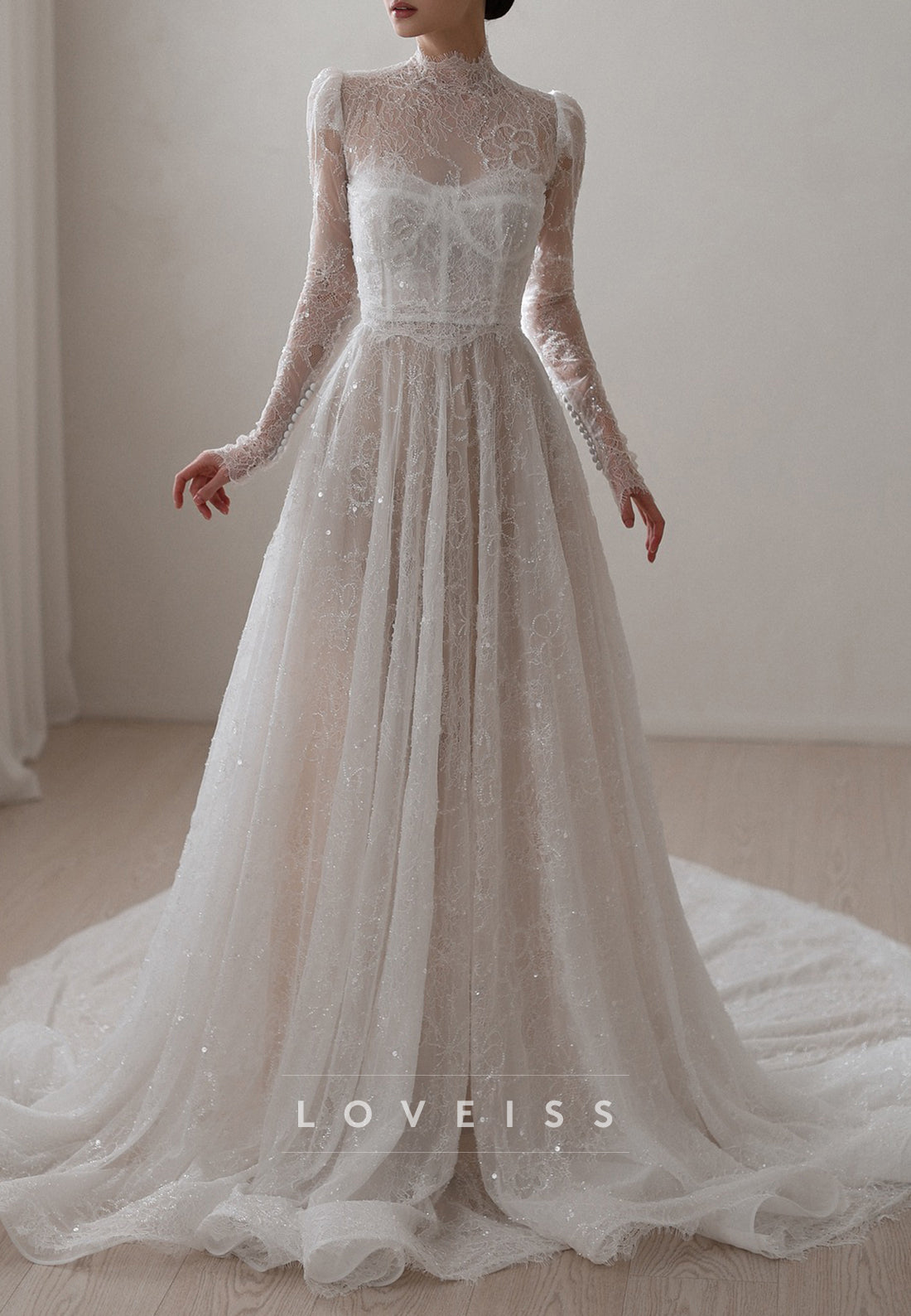 High Neck Long Sleeves Sequins Appliques A-Line Wedding Dress