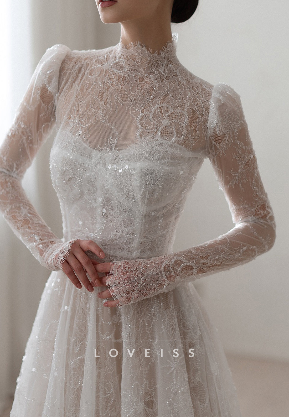 High Neck Long Sleeves Sequins Appliques A-Line Wedding Dress