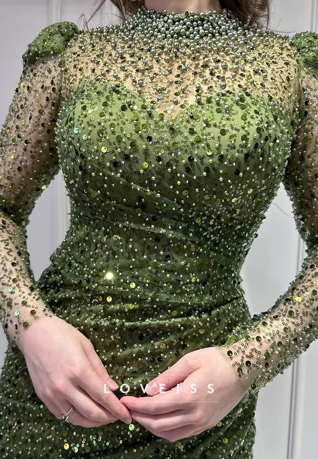 High Neck Long Sleeves Sequins Pearl Sheath Evening Dress