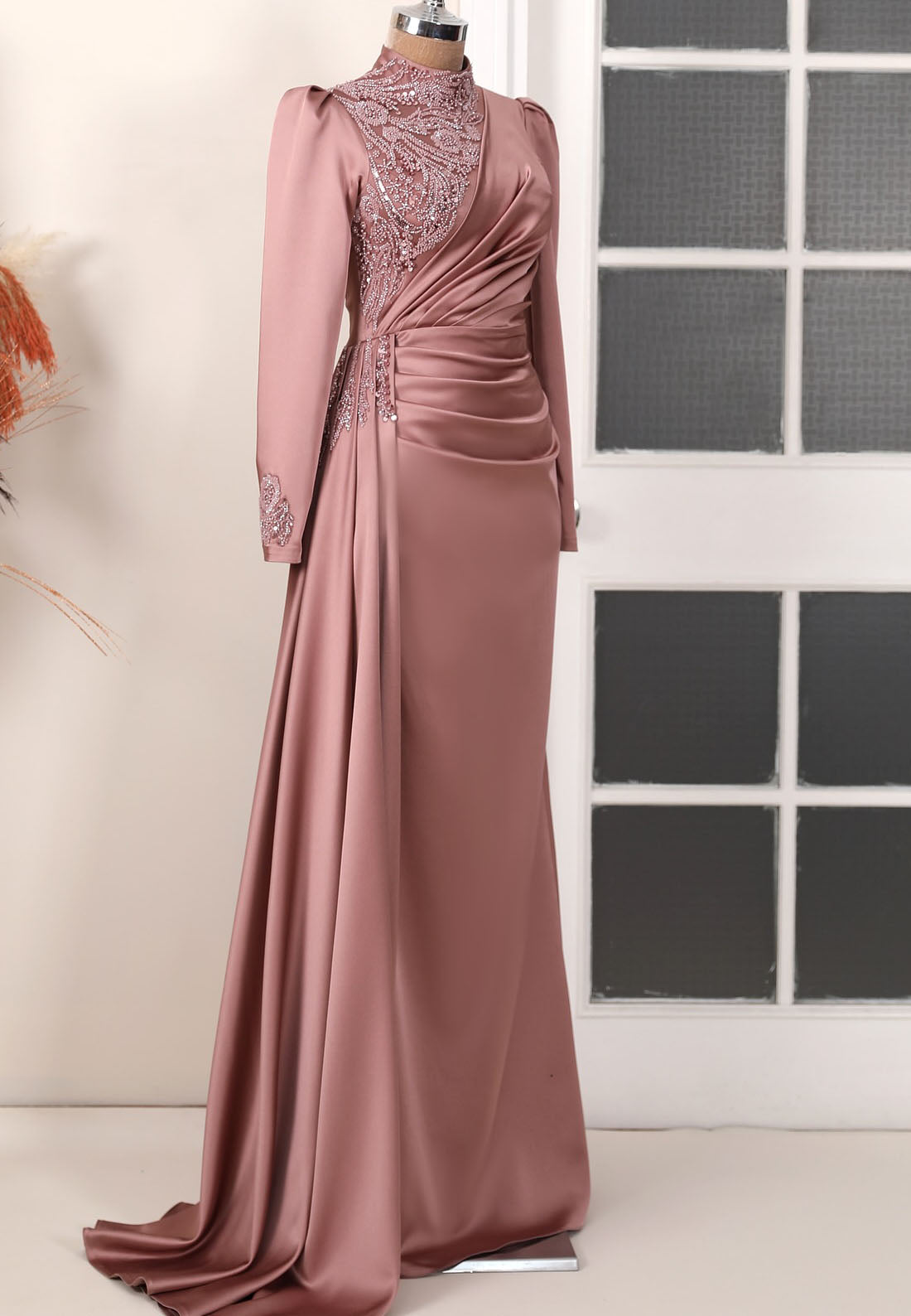 High Neck Long Sleeves Sheath Beaded Pleated Sheath Evening Dress