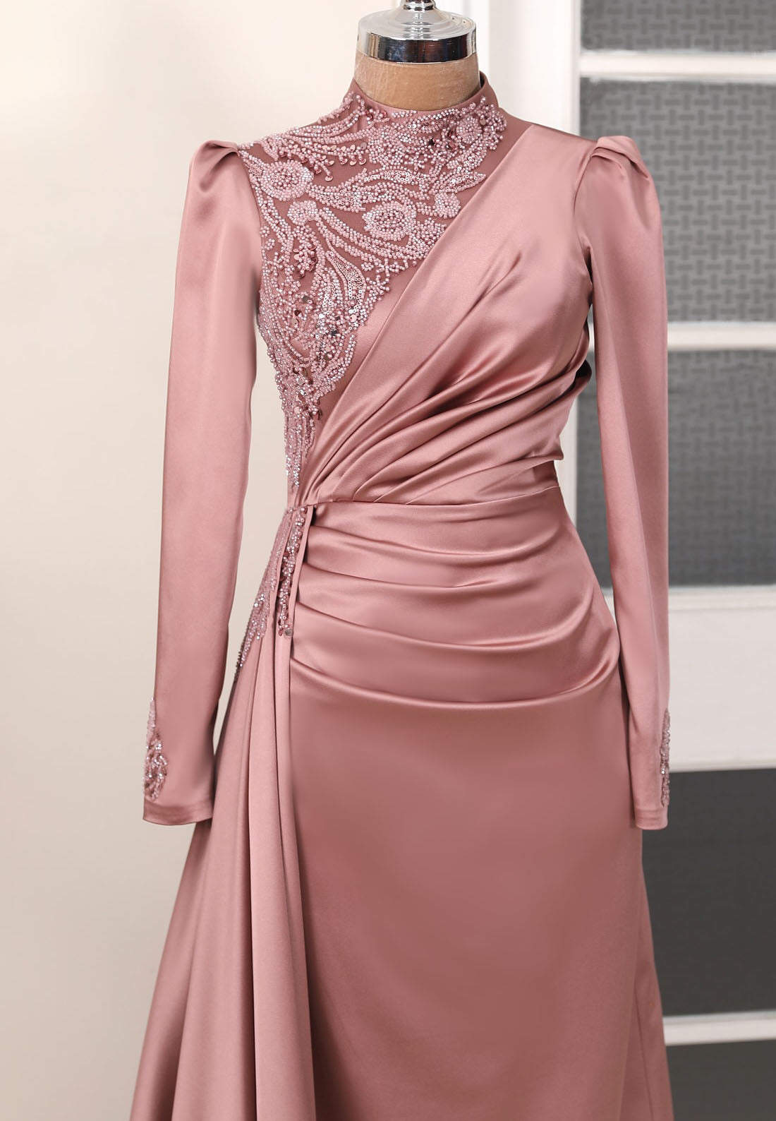 High Neck Long Sleeves Sheath Beaded Pleated Sheath Evening Dress